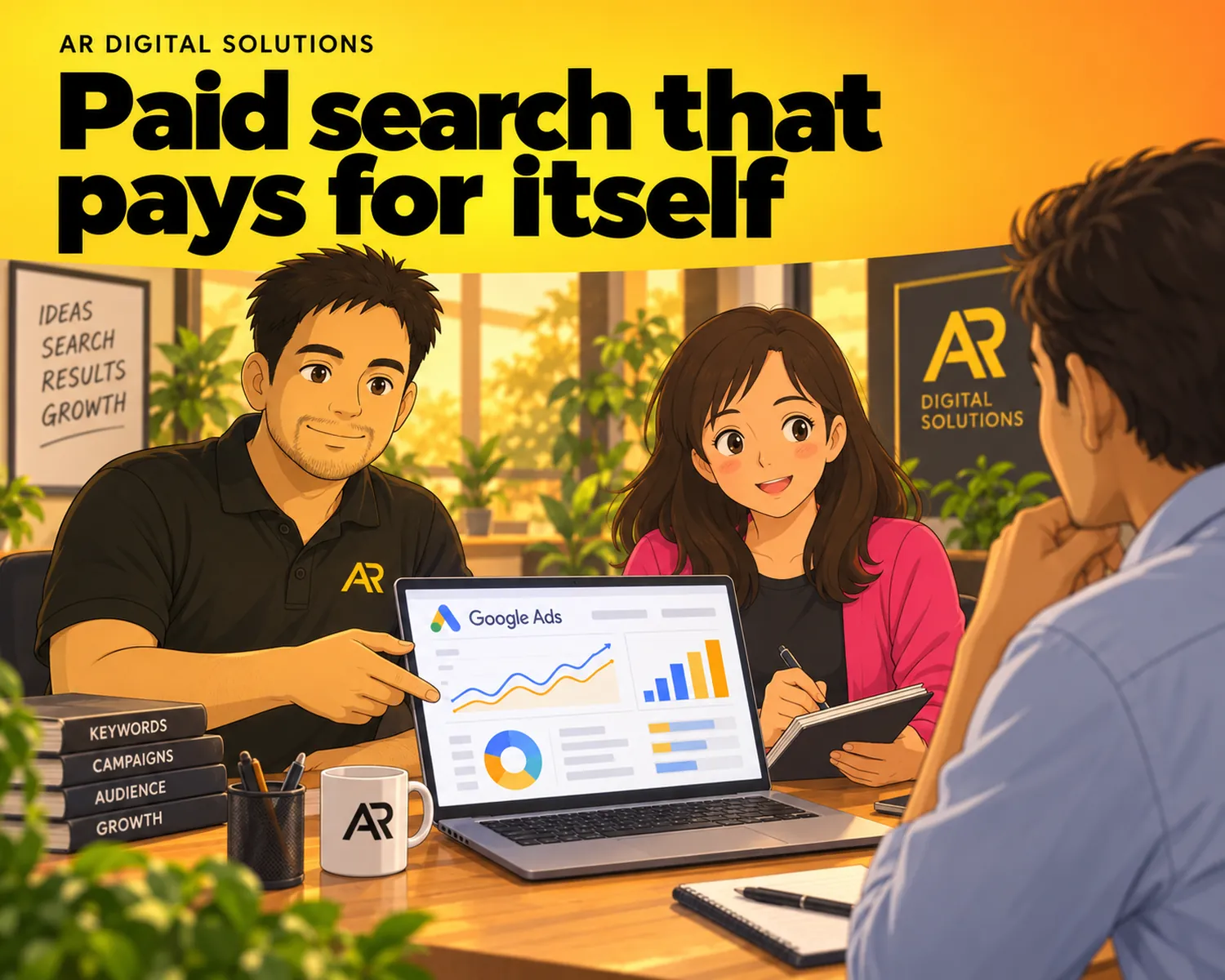 Ghibli-inspired illustration of Amann Jhamb and the AR Digital Solutions team working on paid search that pays for itself.