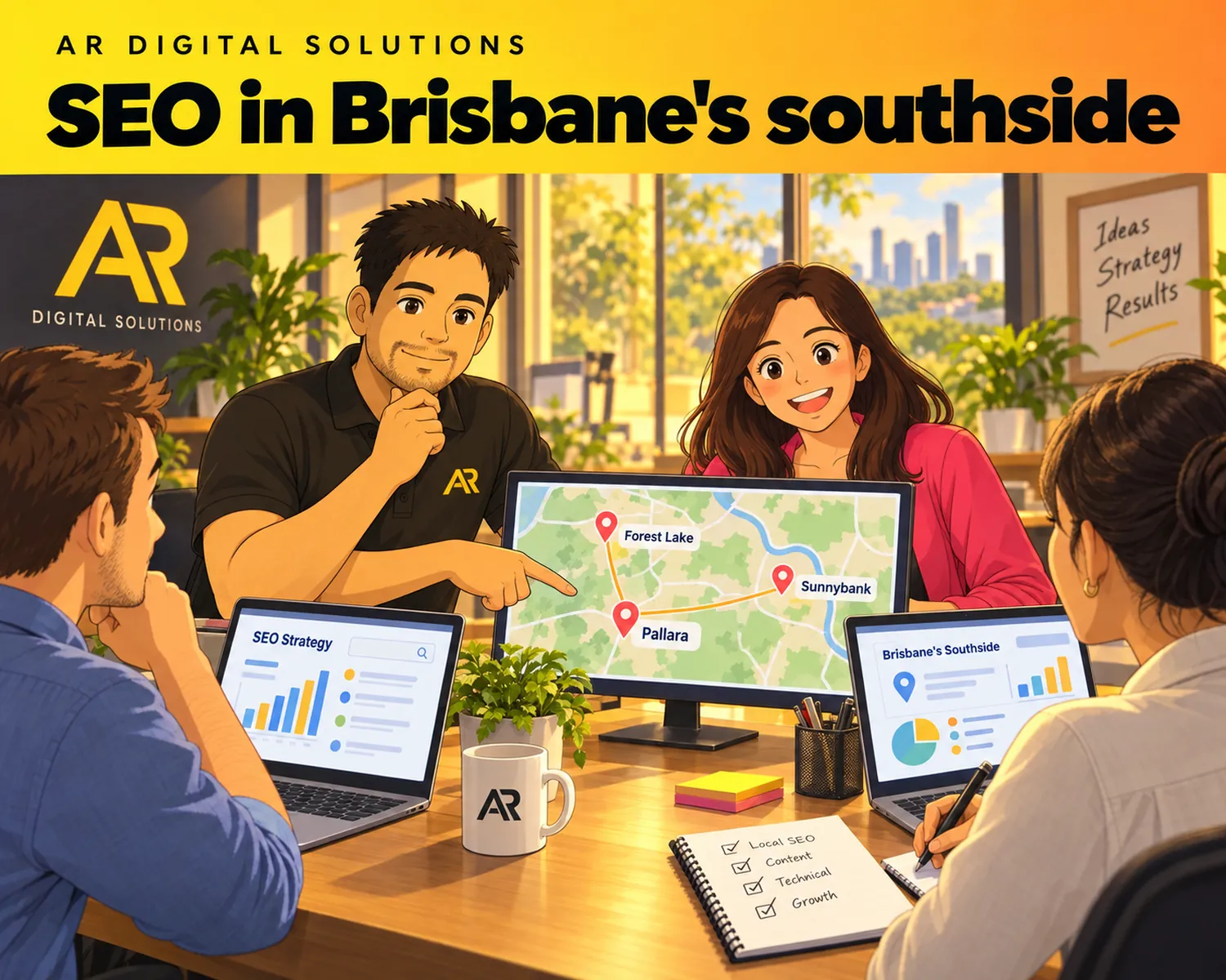 Ghibli-inspired illustration of Amann Jhamb and the AR Digital Solutions team working on seo in brisbane's southside.