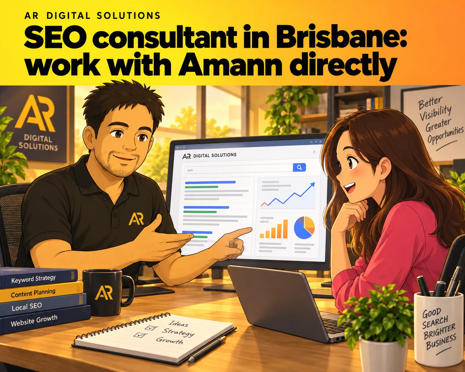 Ghibli-inspired illustration of Amann Jhamb and the AR Digital Solutions team working on seo consultant in brisbane: work with amann directly.