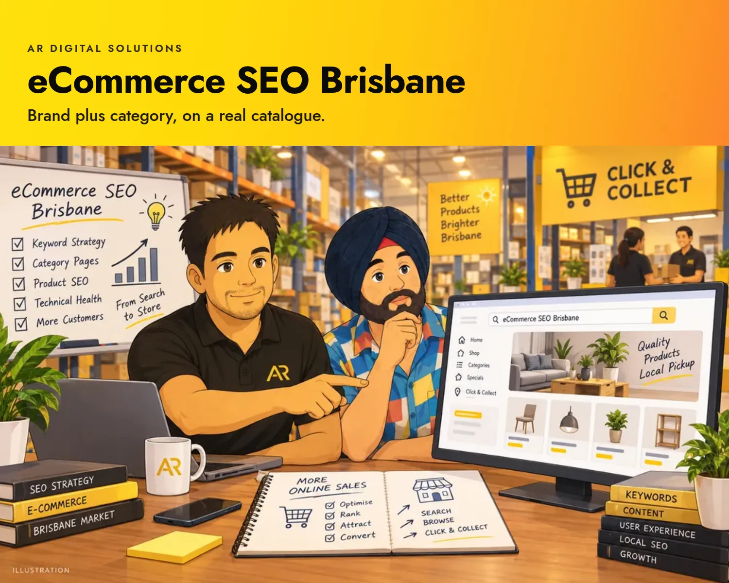eCommerce SEO Brisbane: Brand plus category, on a real catalogue. Ghibli-inspired illustration of the AR Digital Solutions team.