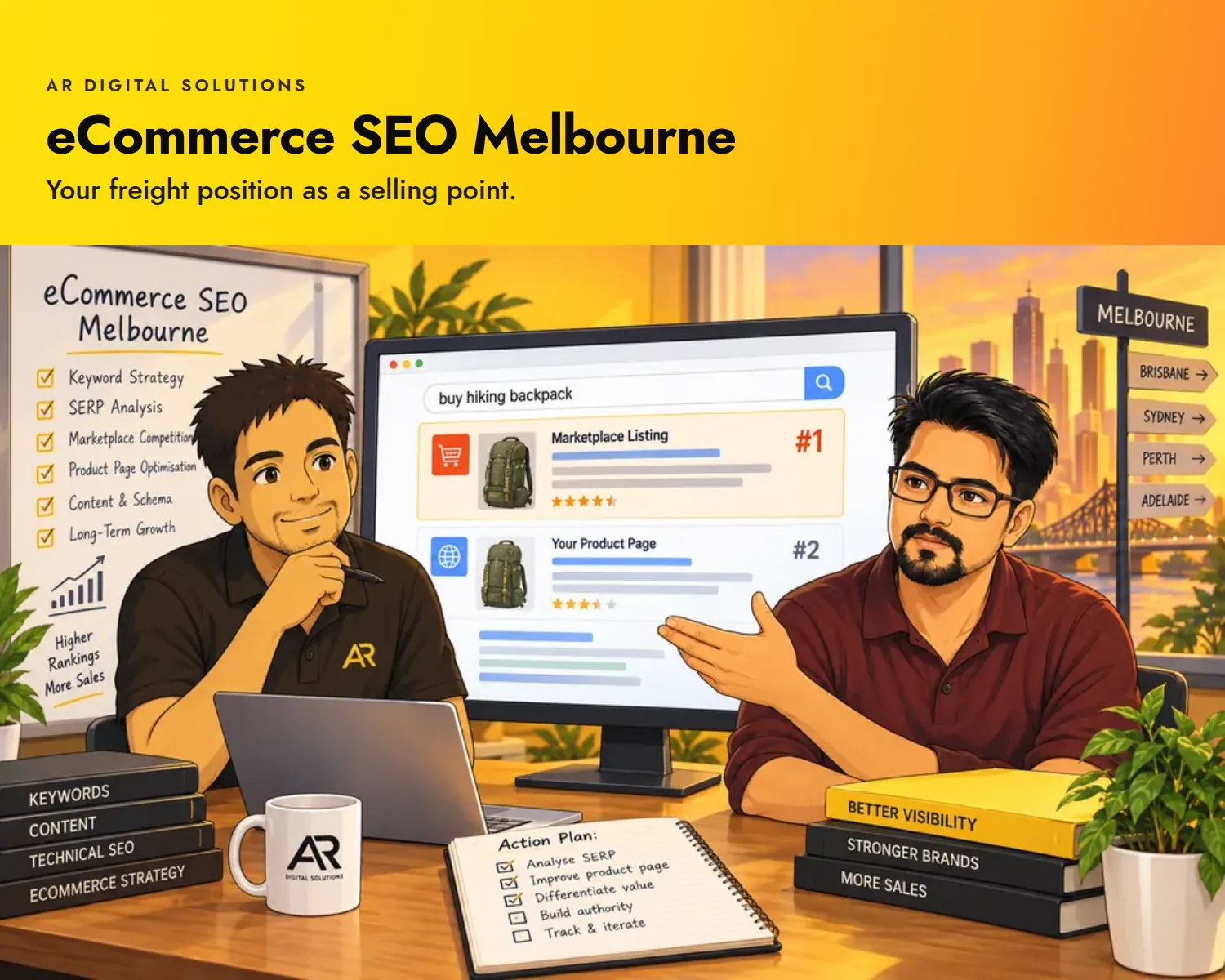 eCommerce SEO Melbourne: Your freight position as a selling point. Ghibli-inspired illustration of the AR Digital Solutions team.