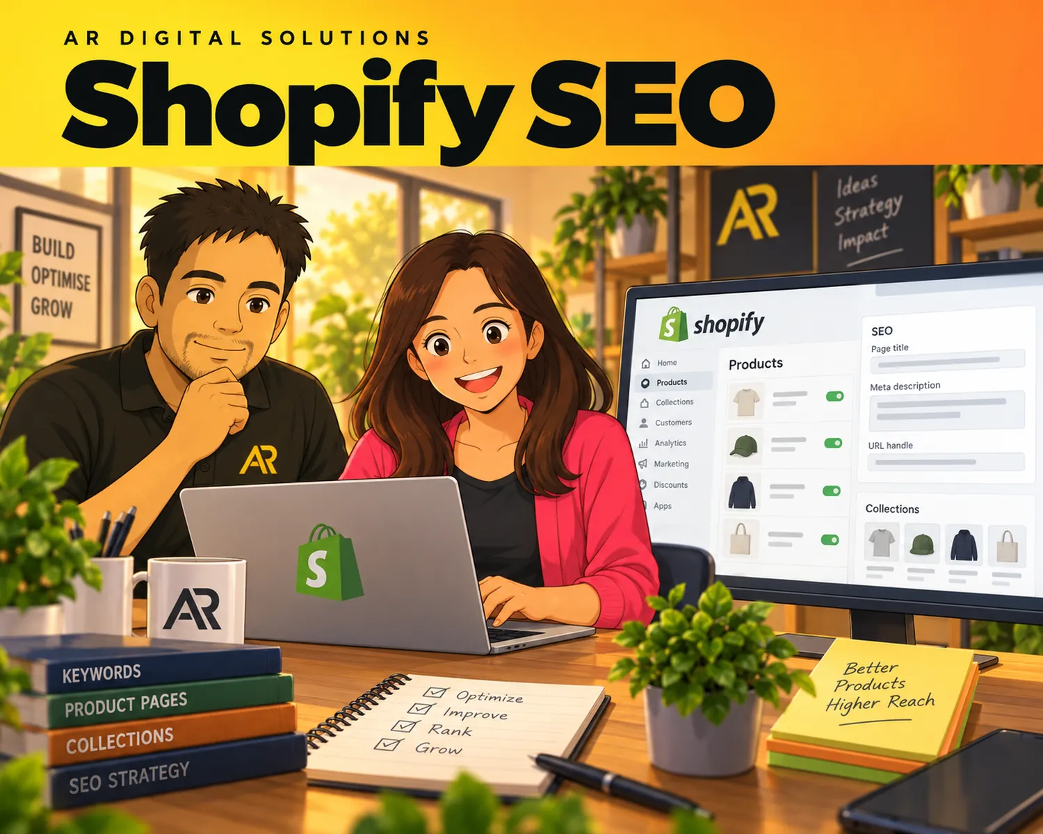 Ghibli-inspired illustration of Amann Jhamb and the AR Digital Solutions team working on shopify seo.