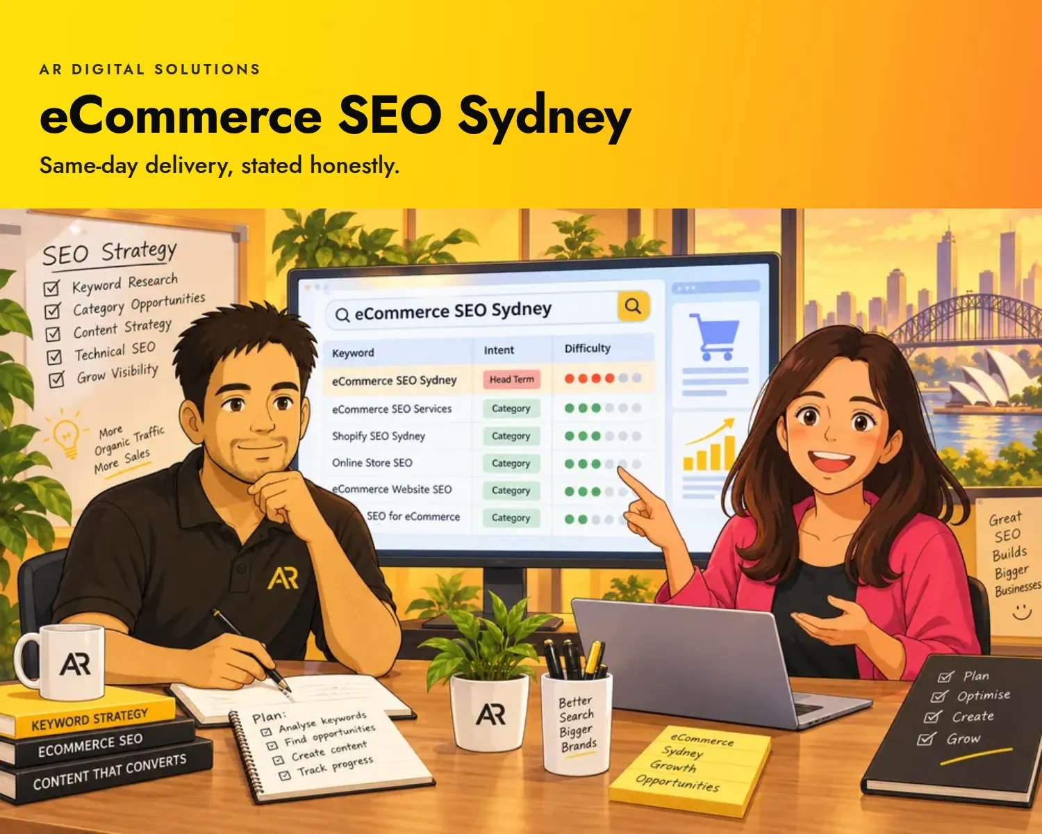 eCommerce SEO Sydney: Same-day delivery, stated honestly. Ghibli-inspired illustration of the AR Digital Solutions team.