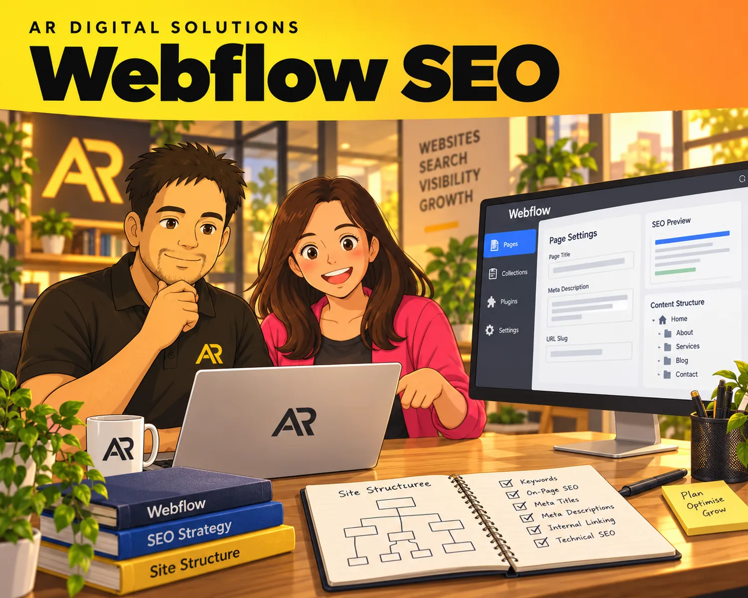 Ghibli-inspired illustration of Amann Jhamb and the AR Digital Solutions team working on webflow seo.