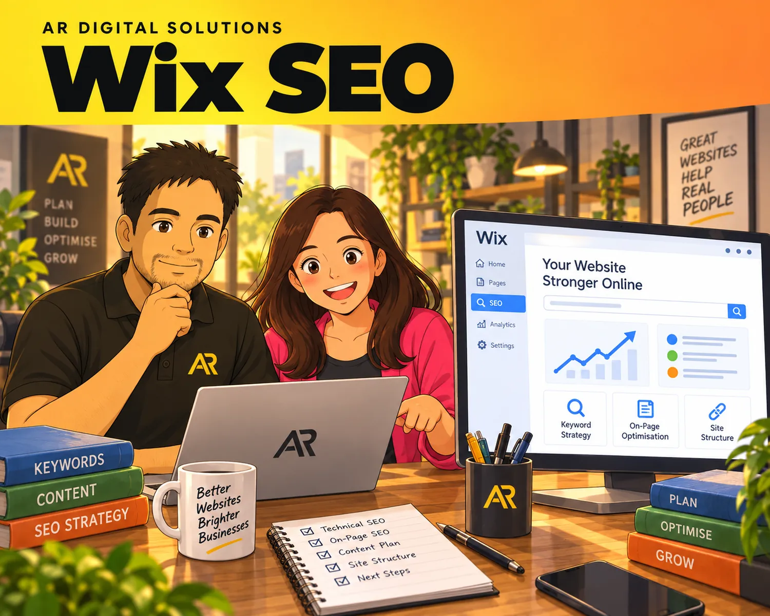 Ghibli-inspired illustration of Amann Jhamb and the AR Digital Solutions team working on wix seo.