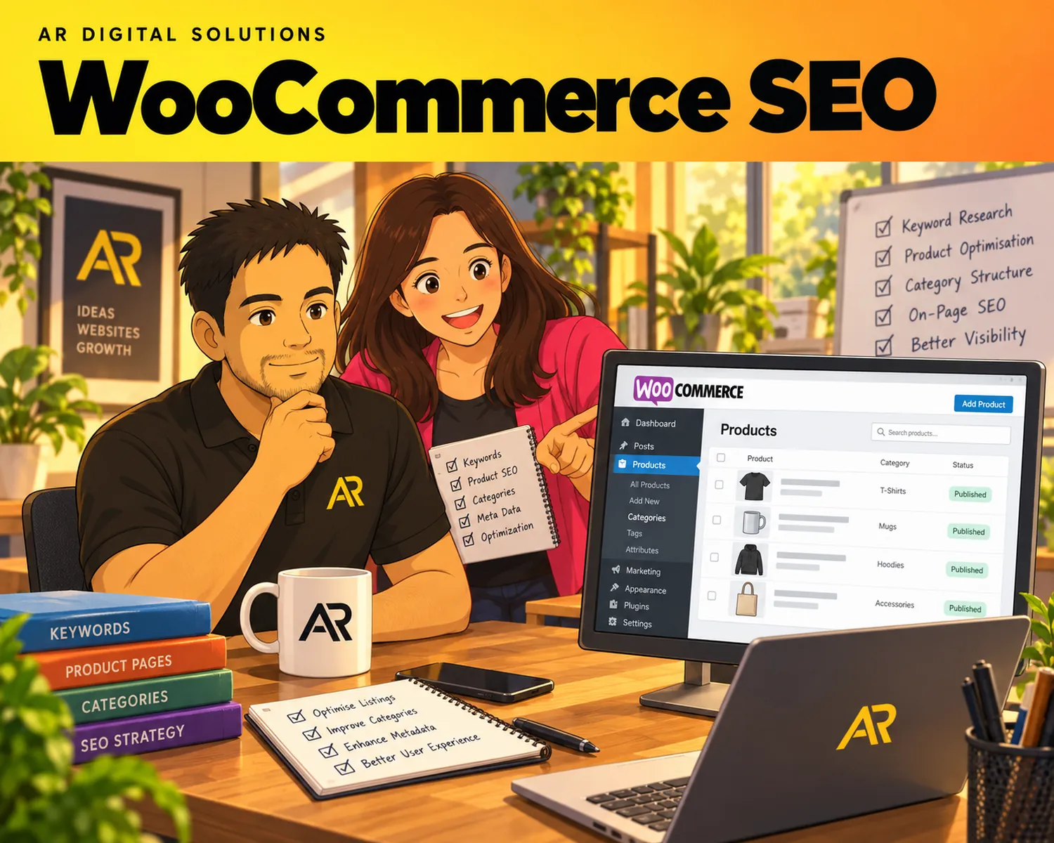 Ghibli-inspired illustration of Amann Jhamb and the AR Digital Solutions team working on woocommerce seo.