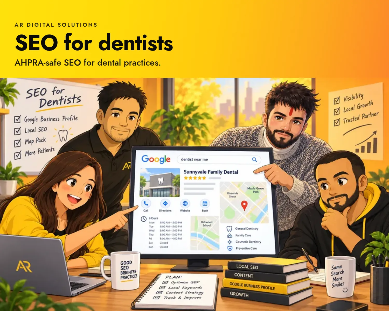SEO for dentists: AHPRA-safe SEO for dental practices. Ghibli-inspired illustration of the AR Digital Solutions team.
