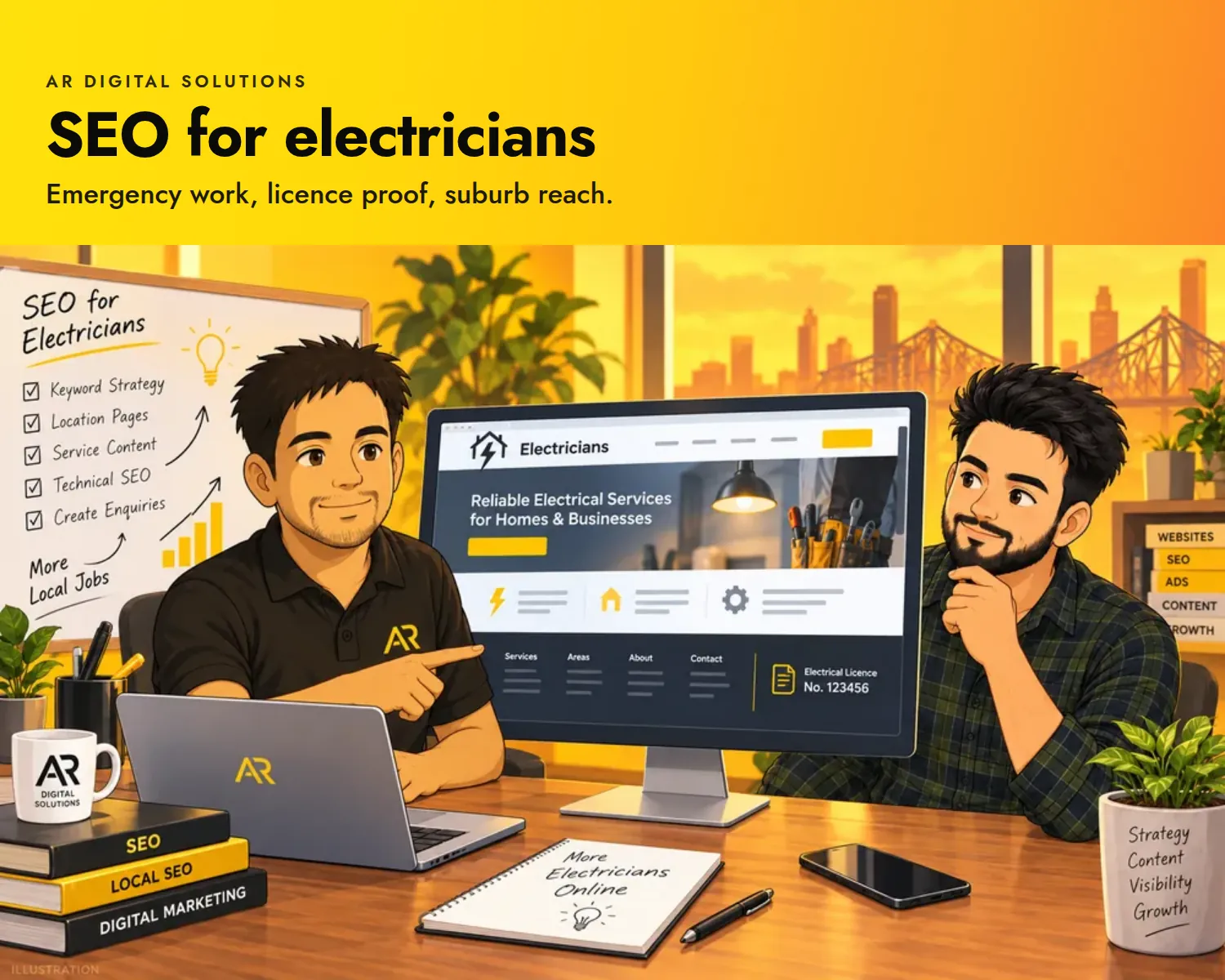 SEO for electricians: Emergency work, licence proof, suburb reach. Ghibli-inspired illustration of the AR Digital Solutions team.