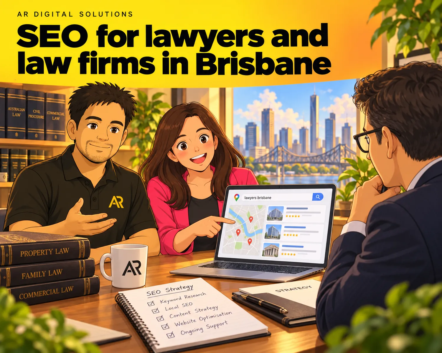 Ghibli-inspired illustration of Amann Jhamb and the AR Digital Solutions team working on seo for lawyers and law firms in brisbane.