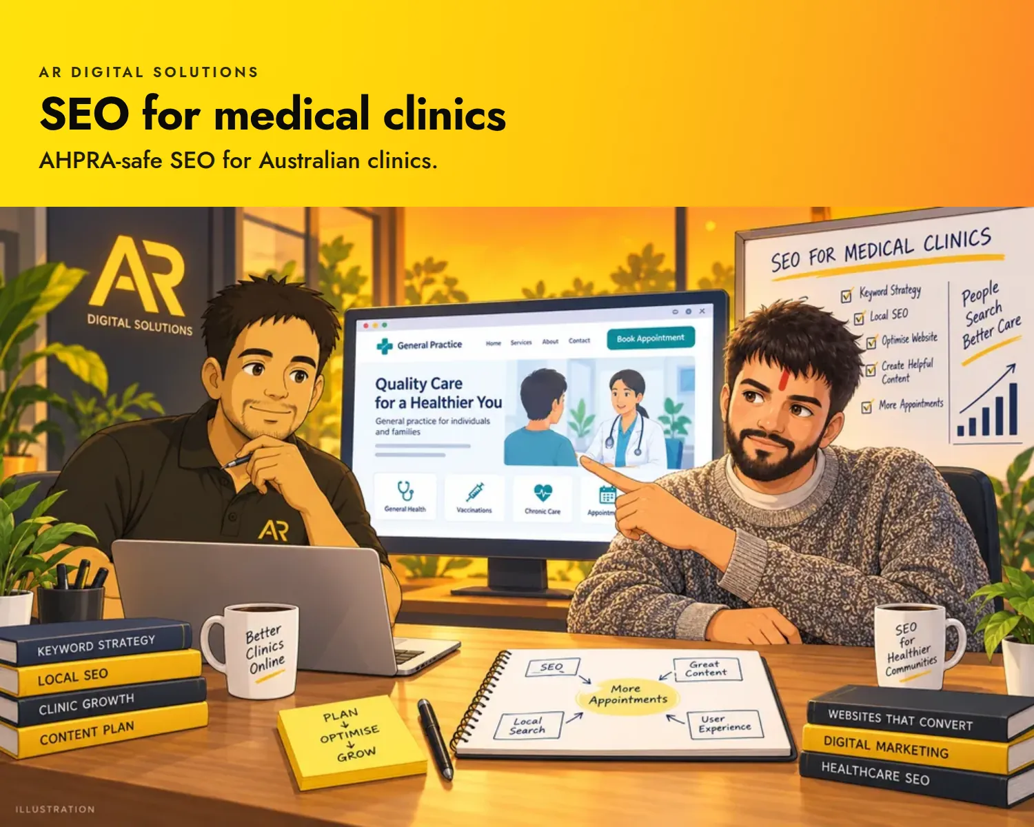 SEO for medical clinics: AHPRA-safe SEO for Australian clinics. Ghibli-inspired illustration of the AR Digital Solutions team.