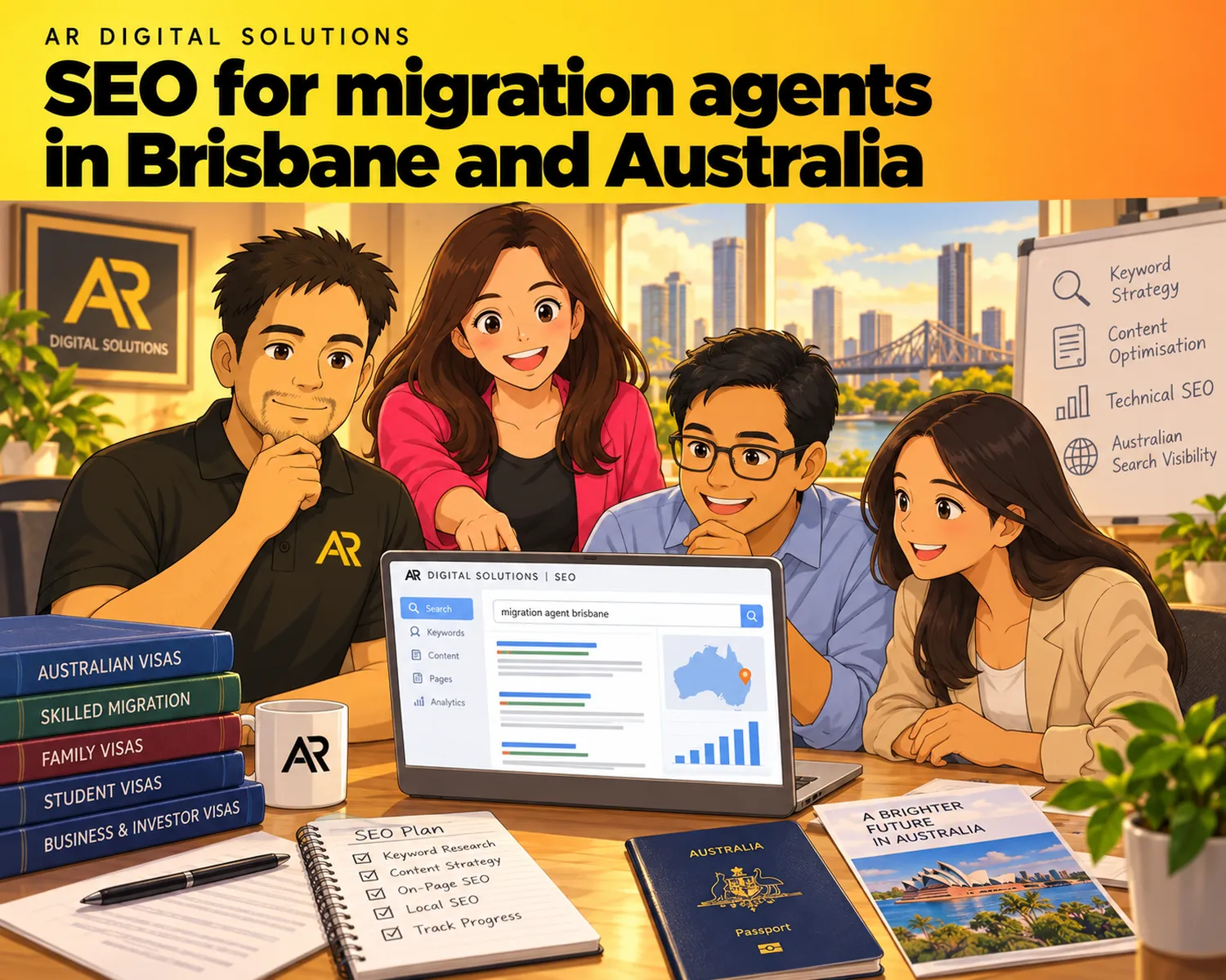 Ghibli-inspired illustration of Amann Jhamb and the AR Digital Solutions team working on seo for migration agents in brisbane and australia.