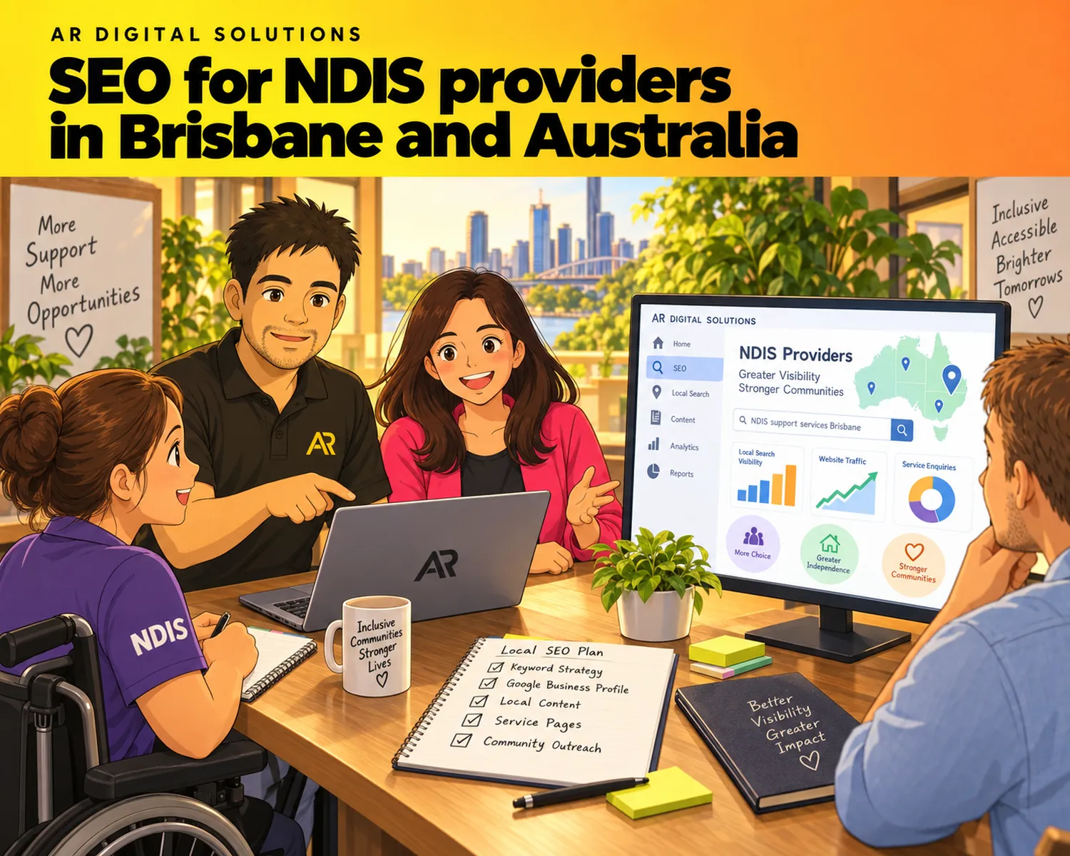 Ghibli-inspired illustration of Amann Jhamb and the AR Digital Solutions team working on seo for ndis providers in brisbane and australia.