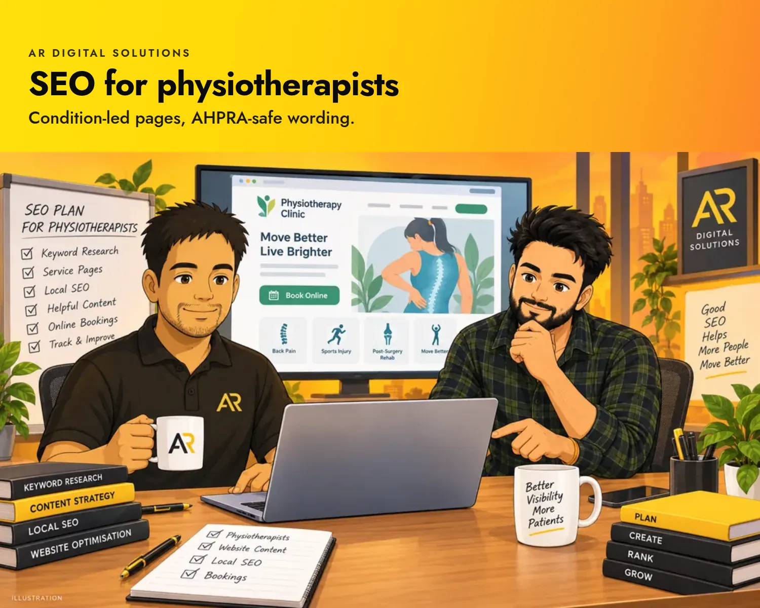 SEO for physiotherapists: Condition-led pages, AHPRA-safe wording. Ghibli-inspired illustration of the AR Digital Solutions team.