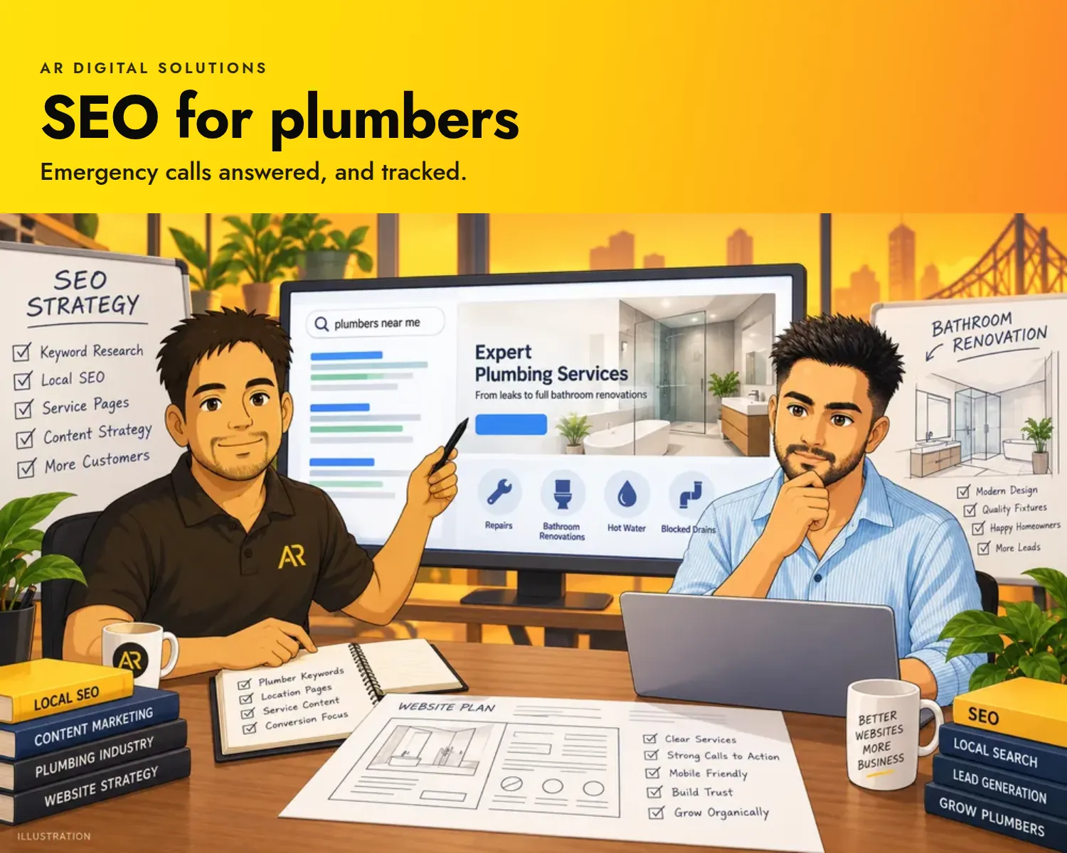 SEO for plumbers: Emergency calls answered, and tracked. Ghibli-inspired illustration of the AR Digital Solutions team.