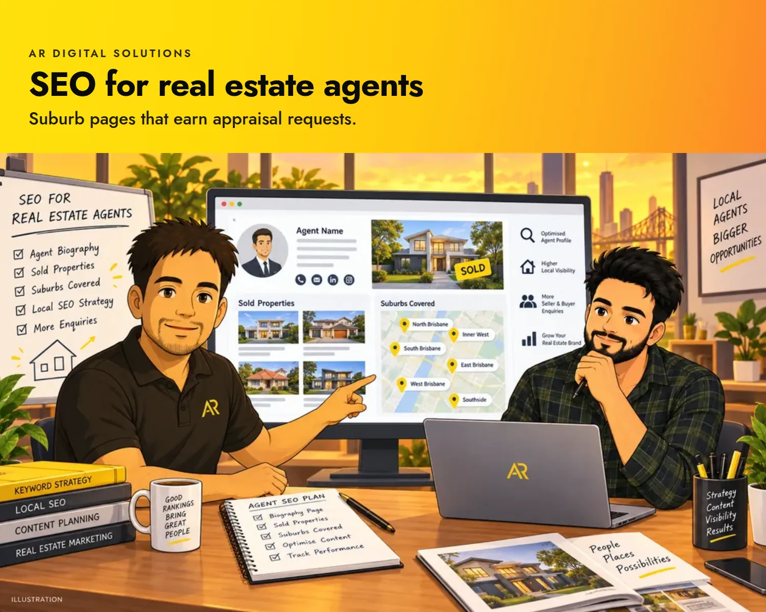 SEO for real estate agents: Suburb pages that earn appraisal requests. Ghibli-inspired illustration of the AR Digital Solutions team.