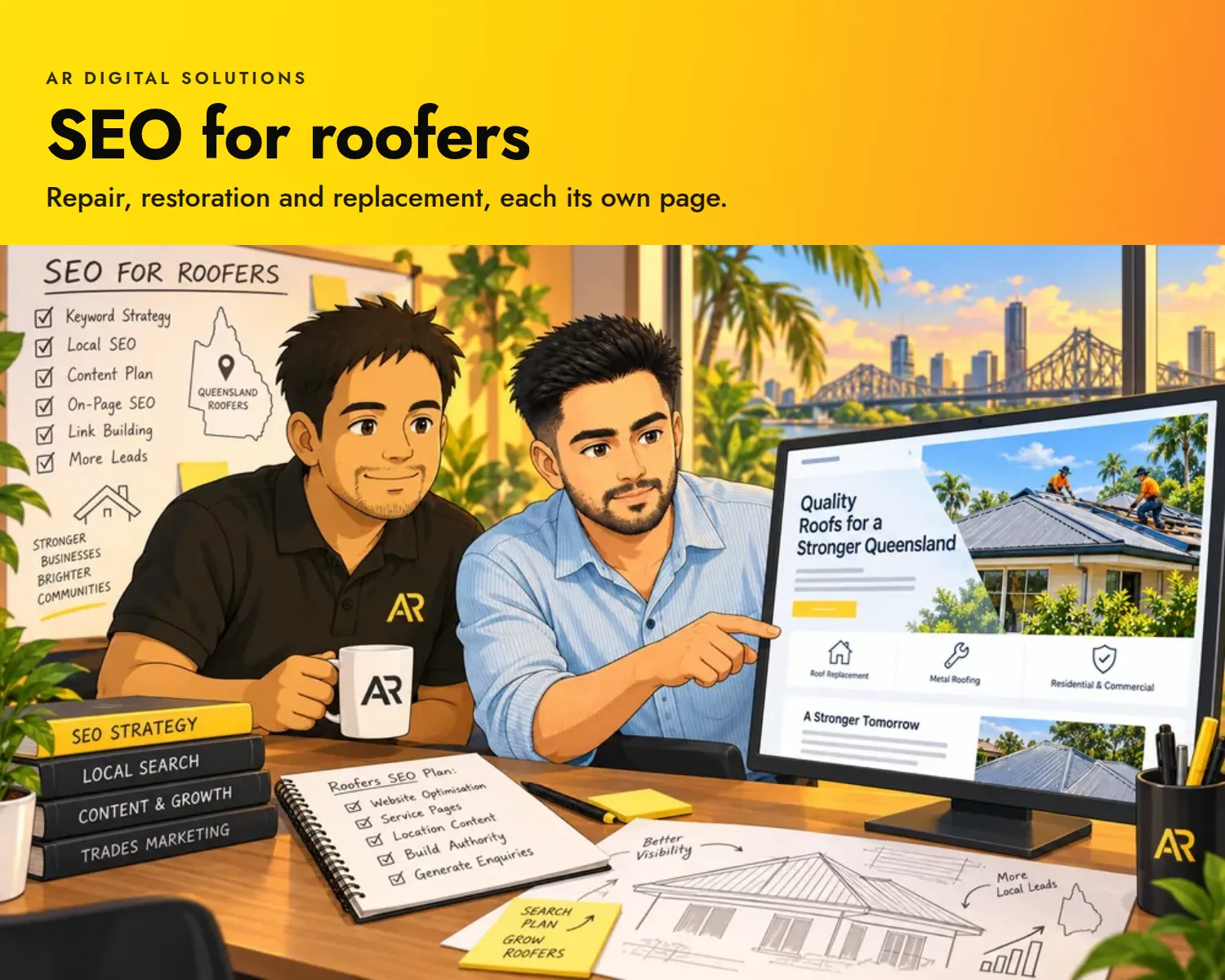SEO for roofers: Repair, restoration and replacement, each its own page. Ghibli-inspired illustration of the AR Digital Solutions team.