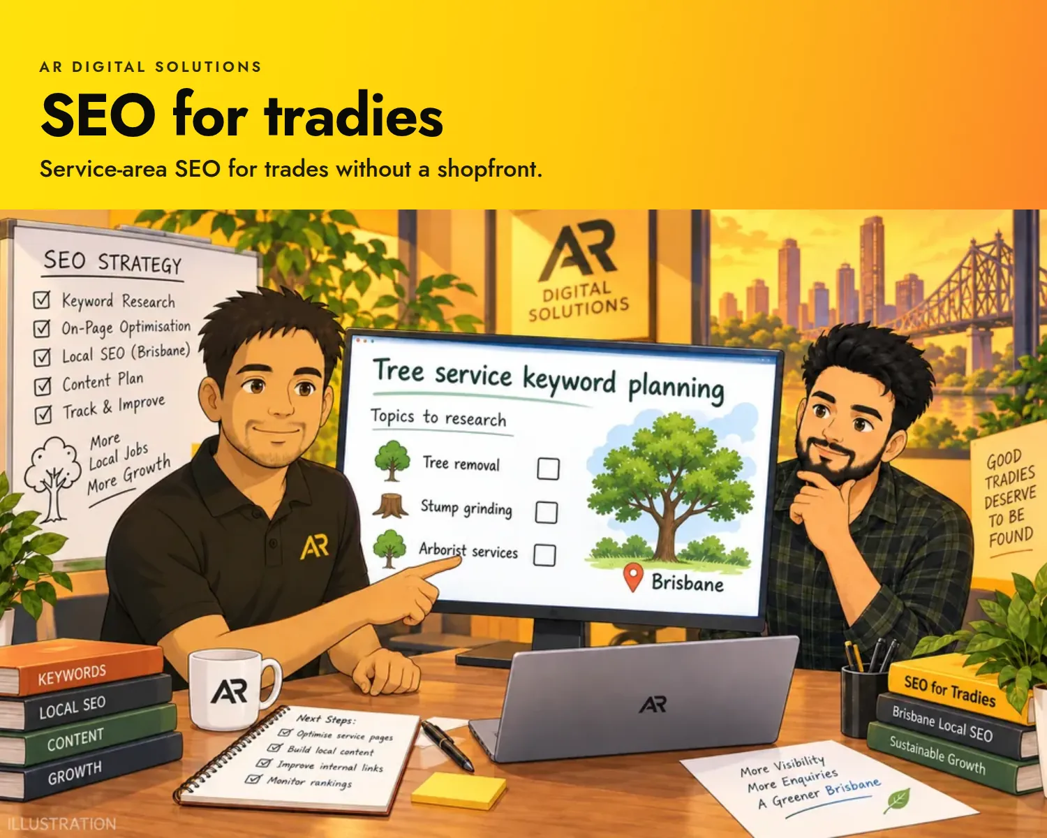 SEO for tradies: Service-area SEO for trades without a shopfront. Ghibli-inspired illustration of the AR Digital Solutions team.