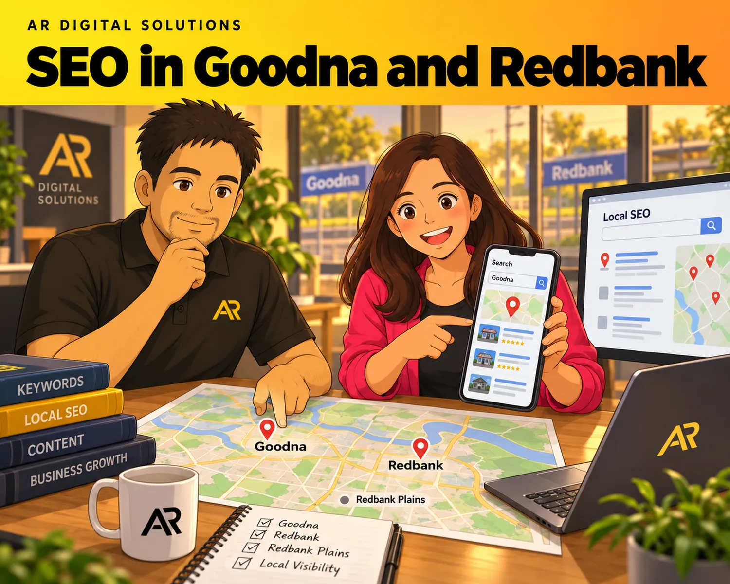 Ghibli-inspired illustration of Amann Jhamb and the AR Digital Solutions team working on seo in goodna and redbank.