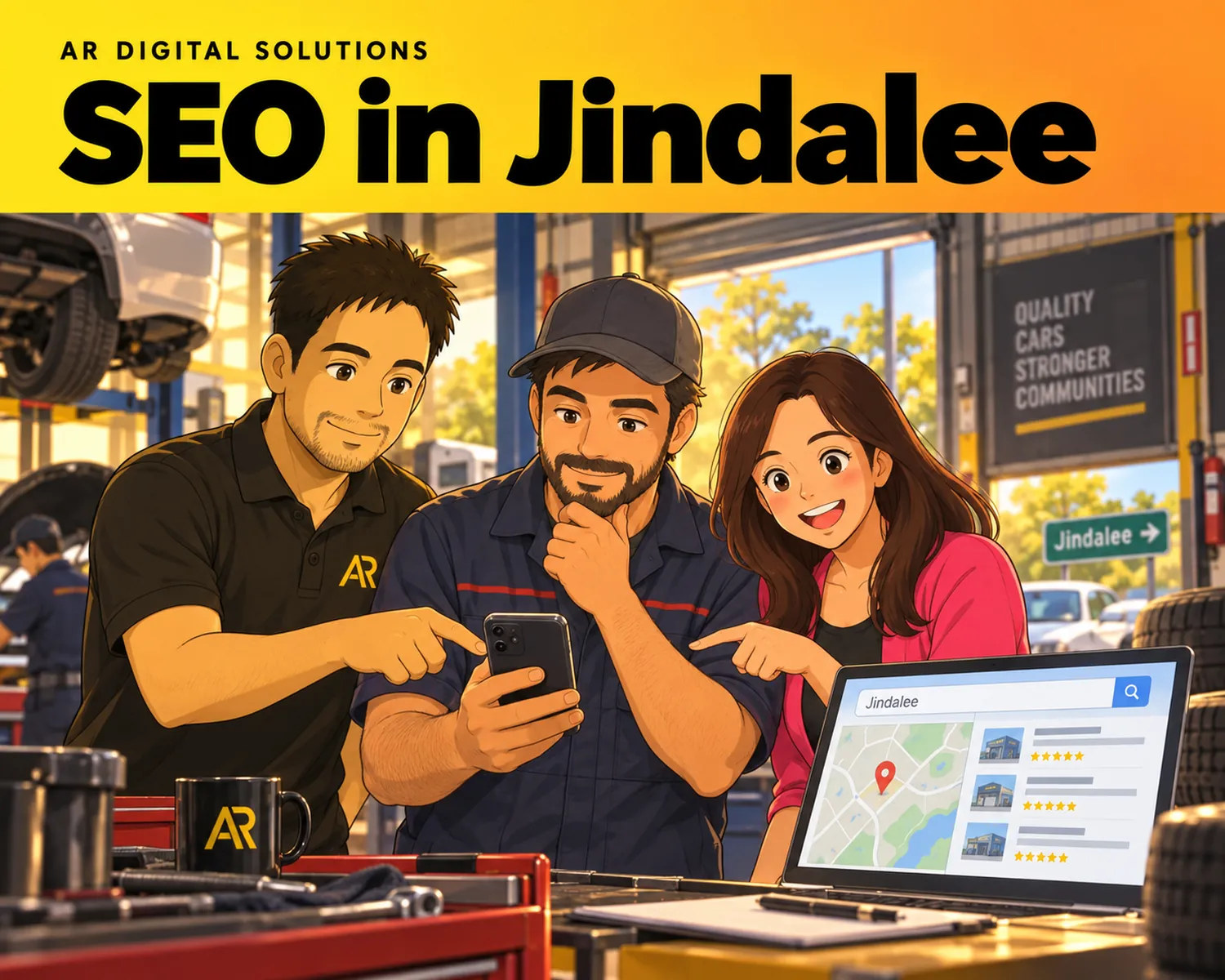 Ghibli-inspired illustration of Amann Jhamb and the AR Digital Solutions team working on seo in jindalee.