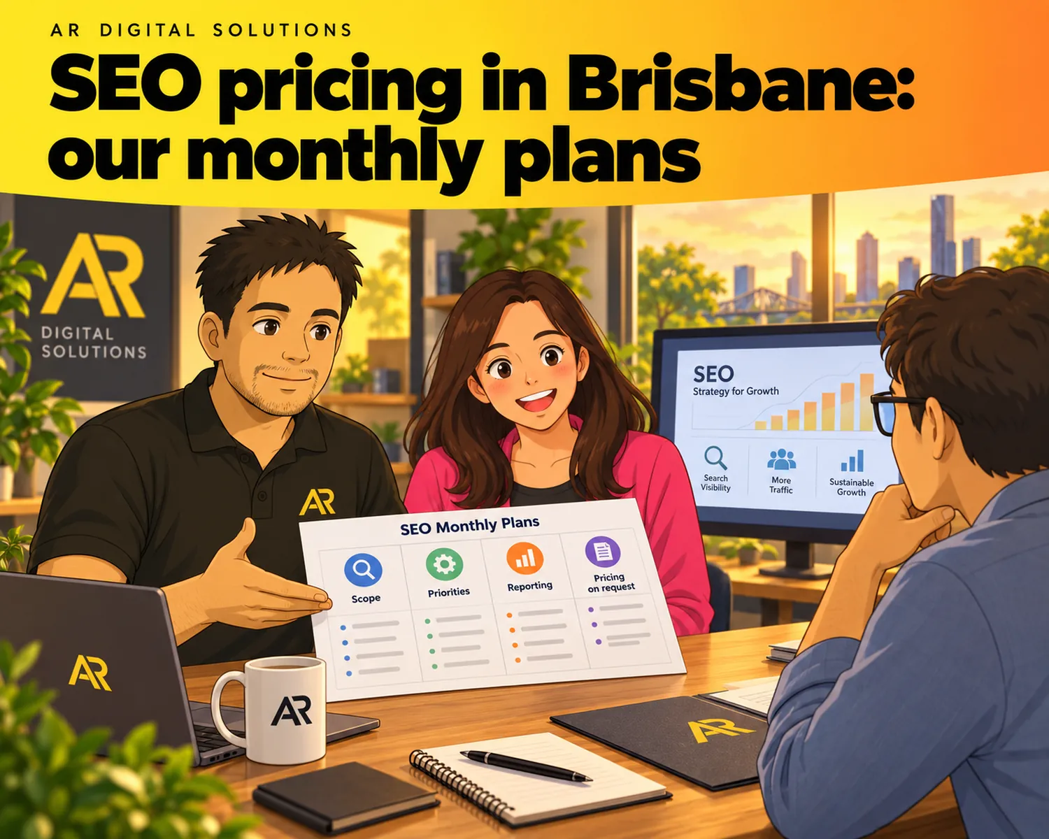 Ghibli-inspired illustration of Amann Jhamb and the AR Digital Solutions team working on seo pricing in brisbane: our monthly plans.