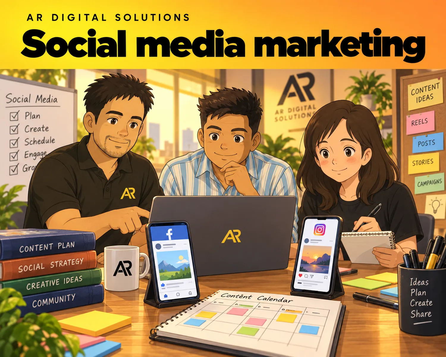 Ghibli-inspired illustration of Amann Jhamb and the AR Digital Solutions team working on social media marketing.