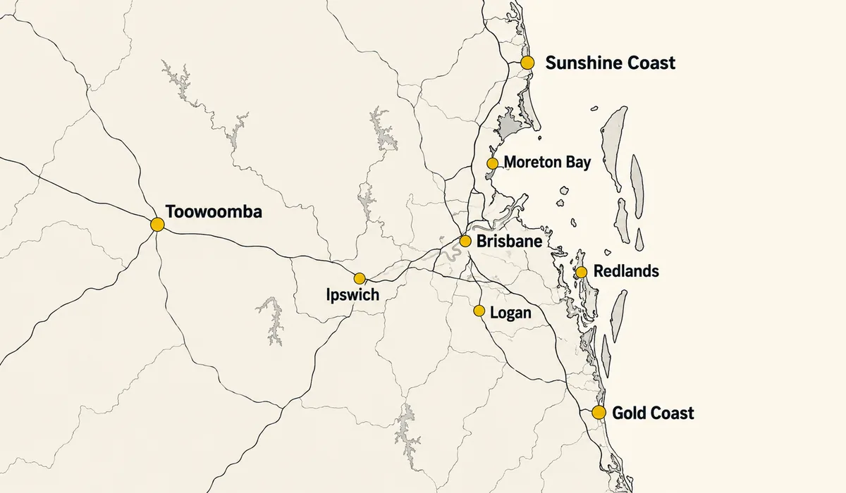 Map of South East Queensland with the eight regions AR Digital Solutions works in: Brisbane, Gold Coast, Sunshine Coast, Logan, Ipswich, Moreton Bay, Redlands and Toowoomba