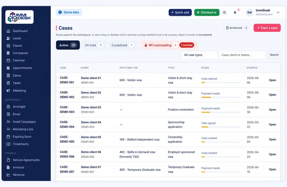 Immidesk case management screen