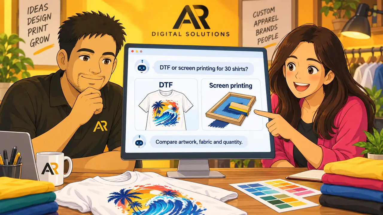 Illustration of Amann Jhamb and Priyanka Sharma comparing DTF and screen printing in an AI chat mockup.