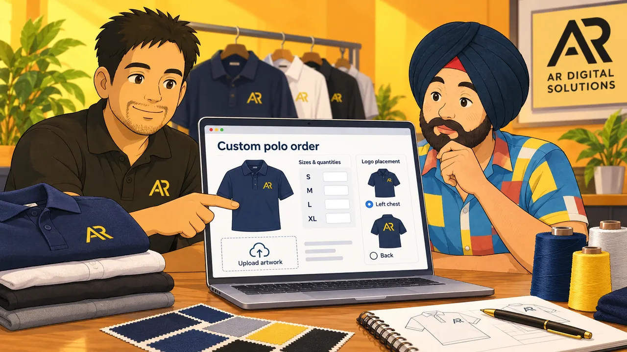 Illustration of Amann Jhamb and Sahib reviewing a garment order form with sizes, logo placement and artwork upload.