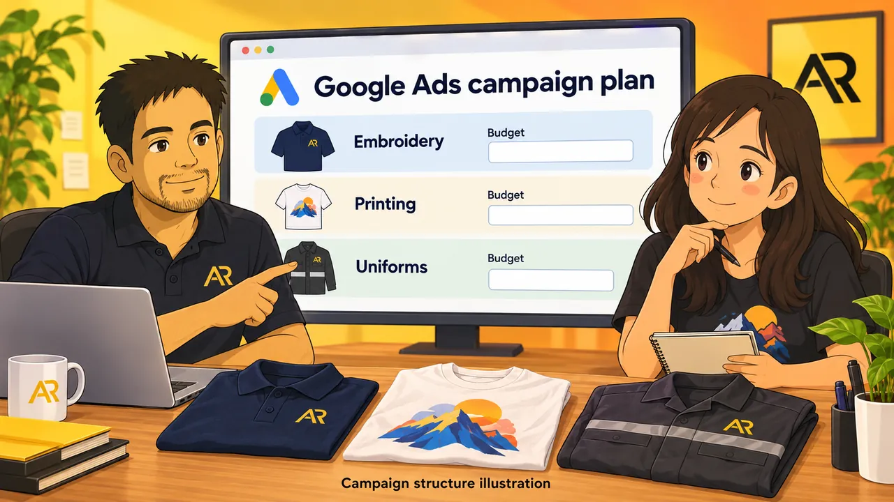 Illustration of Amann Jhamb and Arsh K planning separate embroidery, printing and uniforms advertising campaigns.