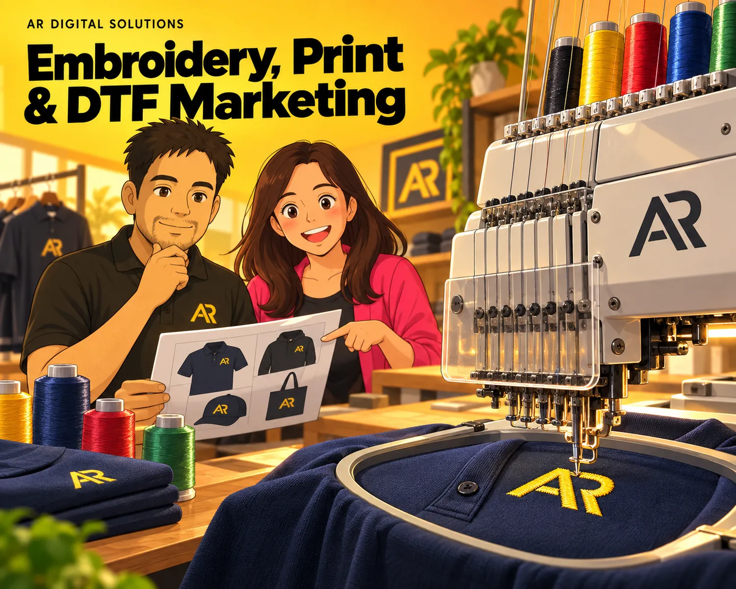 Illustration of Amann Jhamb and Priyanka Sharma with an embroidery machine stitching an AR monogram onto a navy polo.