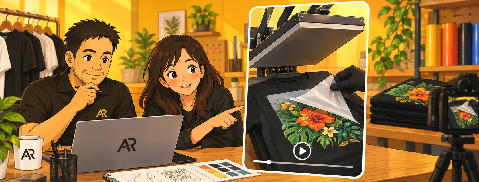 Illustration of Amann Jhamb and Arsh K planning a social reel showing a colourful DTF transfer on a black T-shirt.