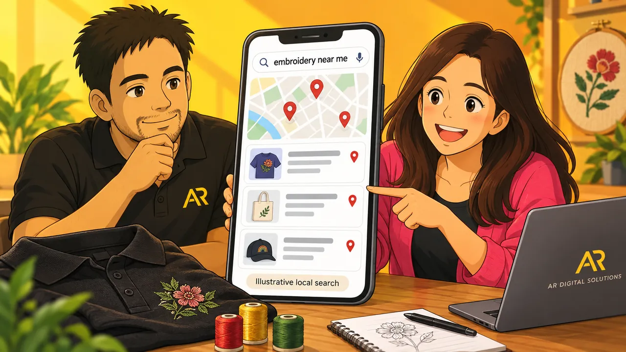 Illustration of Amann Jhamb and Priyanka Sharma discussing a sample local embroidery search on a phone.