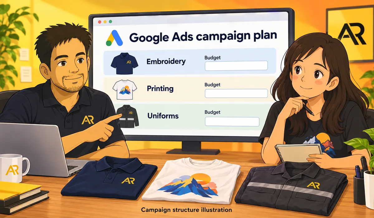 Illustrative embroidery, printing and uniforms campaign structure; not a screenshot of Shopace results.