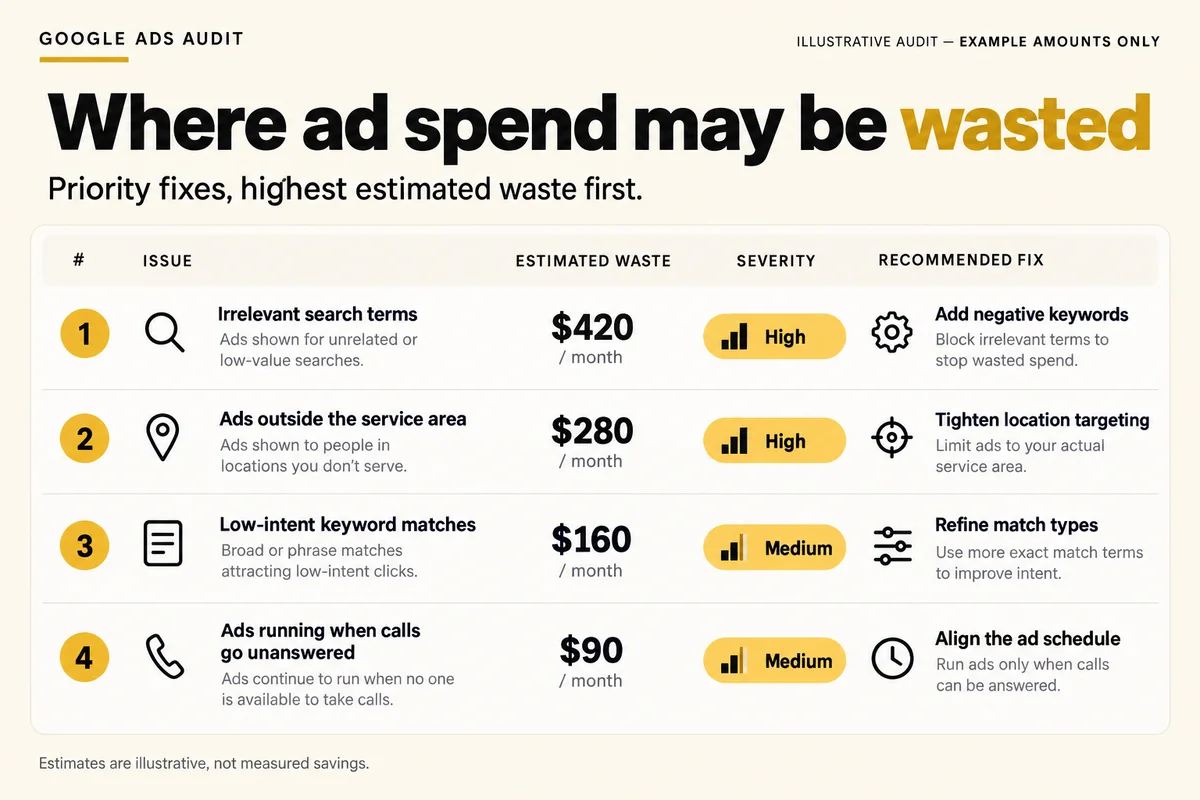 Sample page from a Google Ads audit report with prioritised fixes