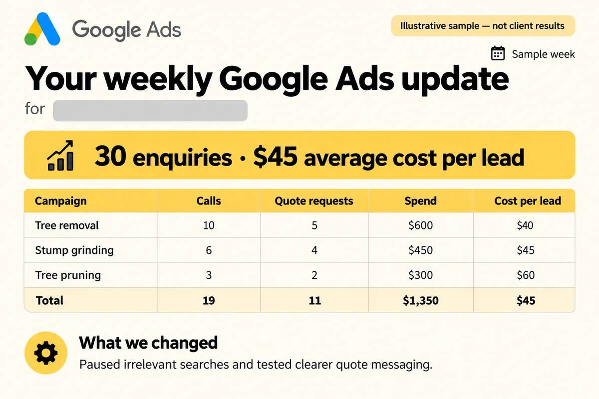 Sample weekly Google Ads report with calls, quotes and cost per lead