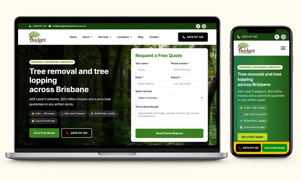 Budget Tree Removal website on desktop and mobile