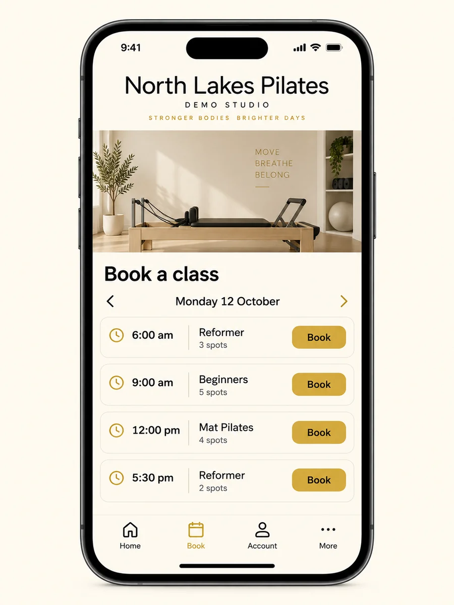 Mobile booking calendar for a North Lakes pilates studio