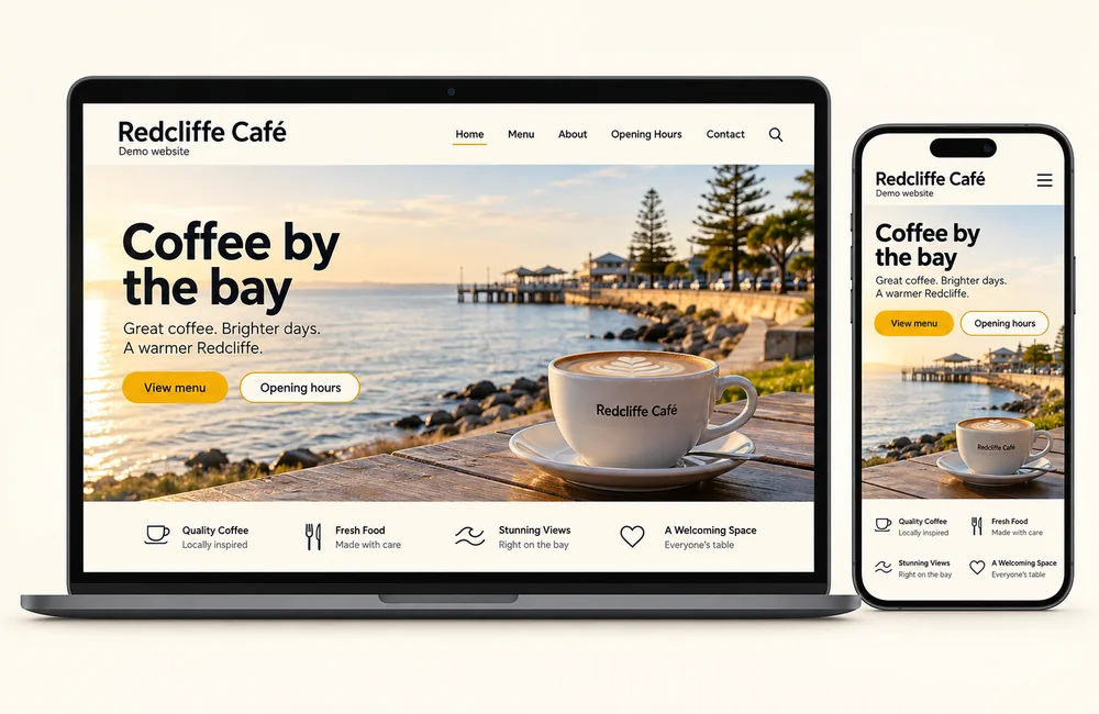 Redcliffe cafe website shown on laptop and phone