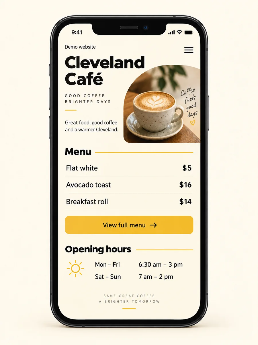 Mobile view of a Cleveland cafe website with menu and opening hours