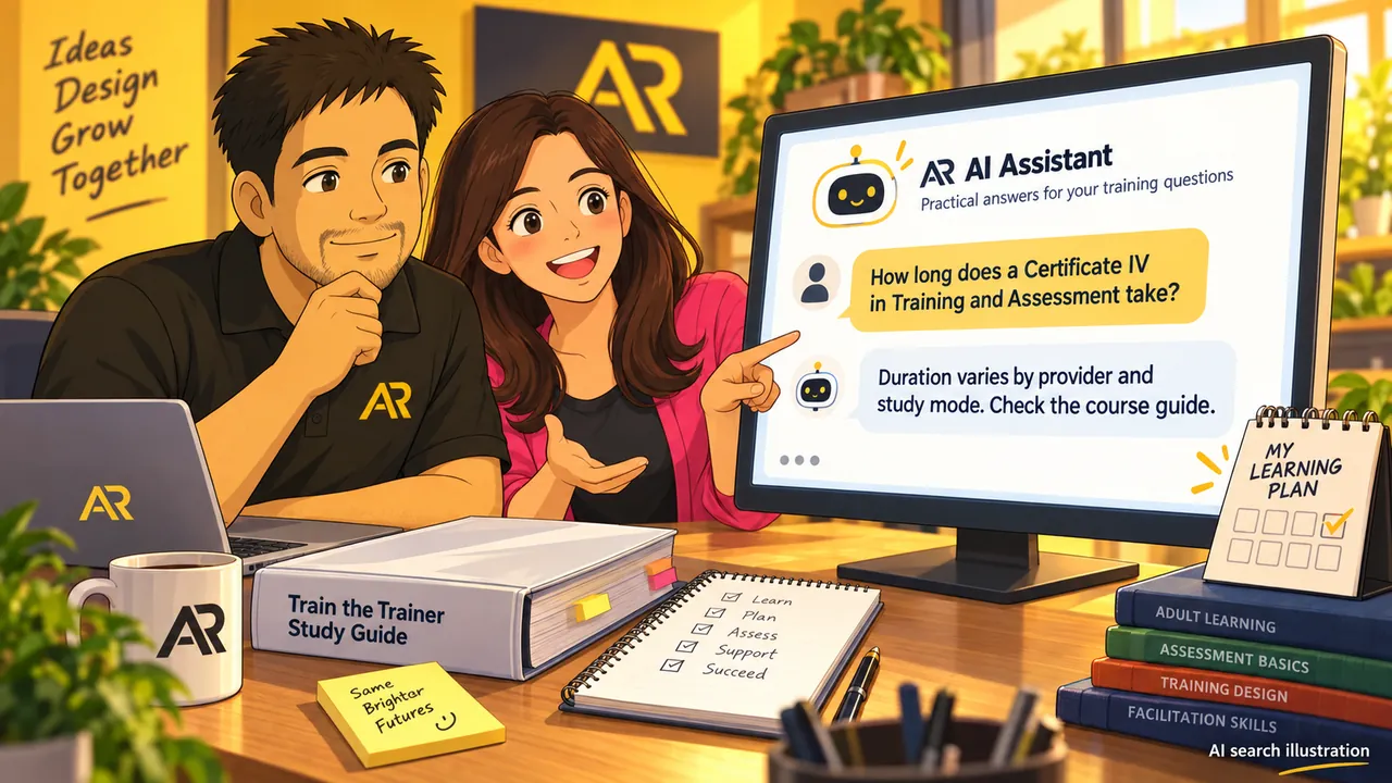 Illustration of Amann Jhamb and Priyanka Sharma reviewing an AI answer about training and assessment course duration.