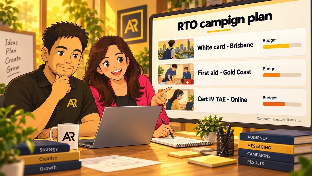 Illustration of Amann Jhamb and an AR Digital Solutions team member planning RTO advertising campaigns by course and location.