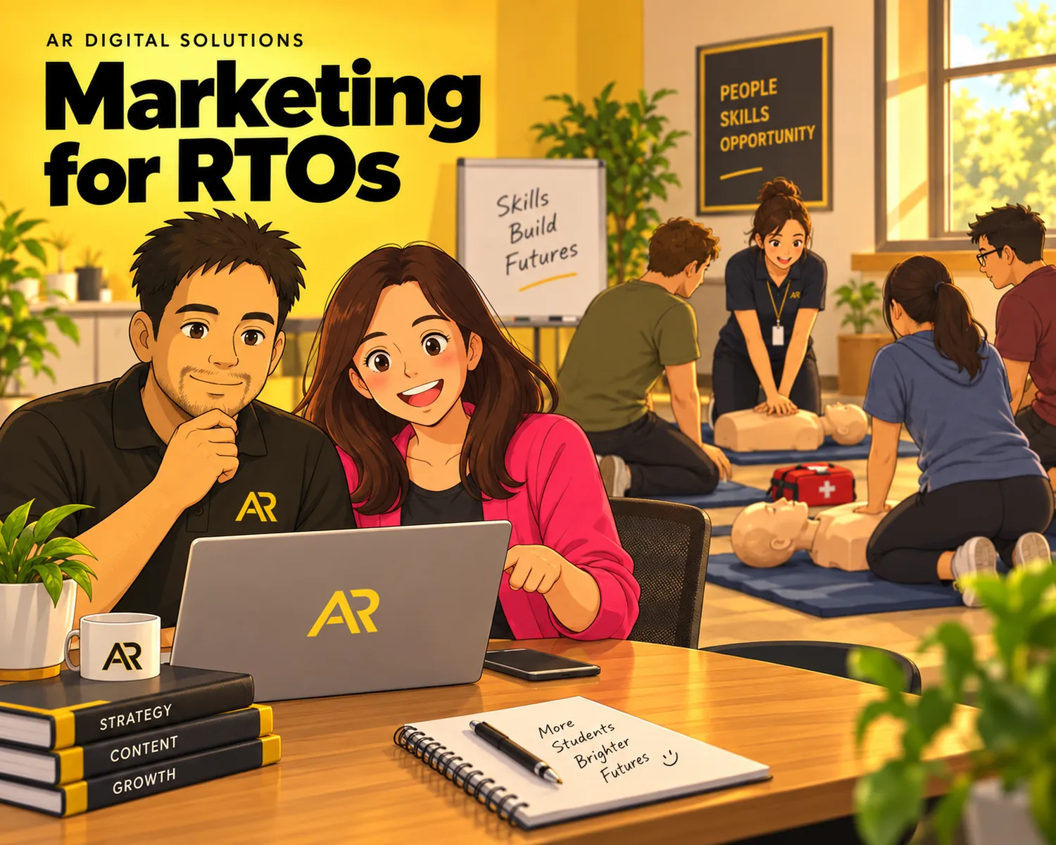 Illustration of Amann Jhamb and Priyanka Sharma reviewing a course website beside a first-aid training class with CPR manikins.