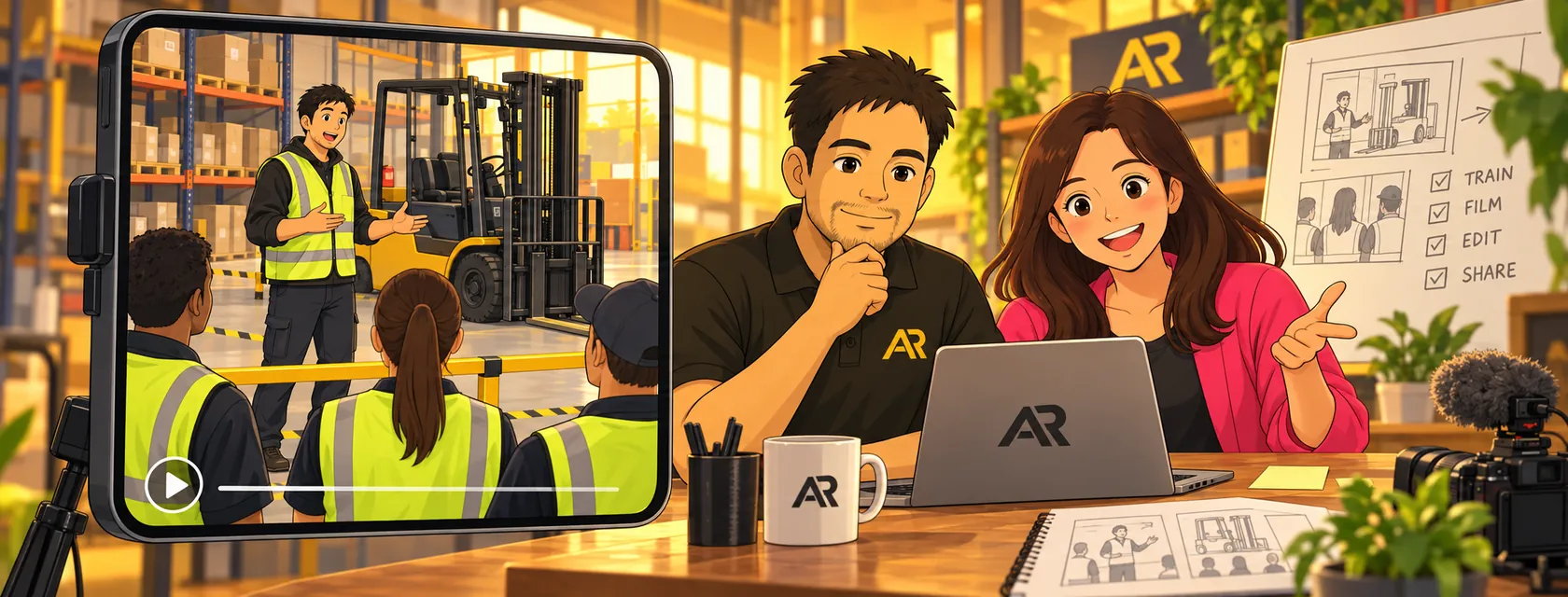 Illustration of Amann Jhamb and an AR Digital Solutions team member planning a social video showing warehouse forklift safety training.