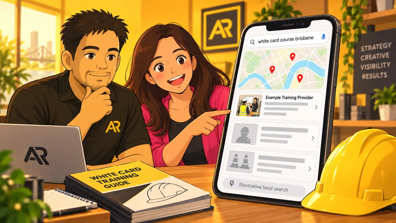 Illustration of Amann Jhamb and Priyanka Sharma reviewing sample local results for a Brisbane white card course search.