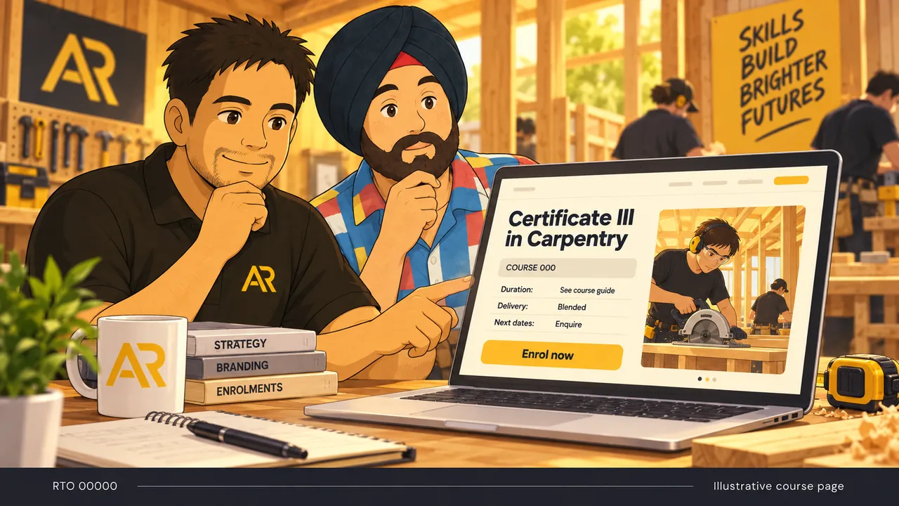 Illustration of Amann Jhamb and Sahib reviewing a fictional carpentry course page with delivery details and an enrolment button.