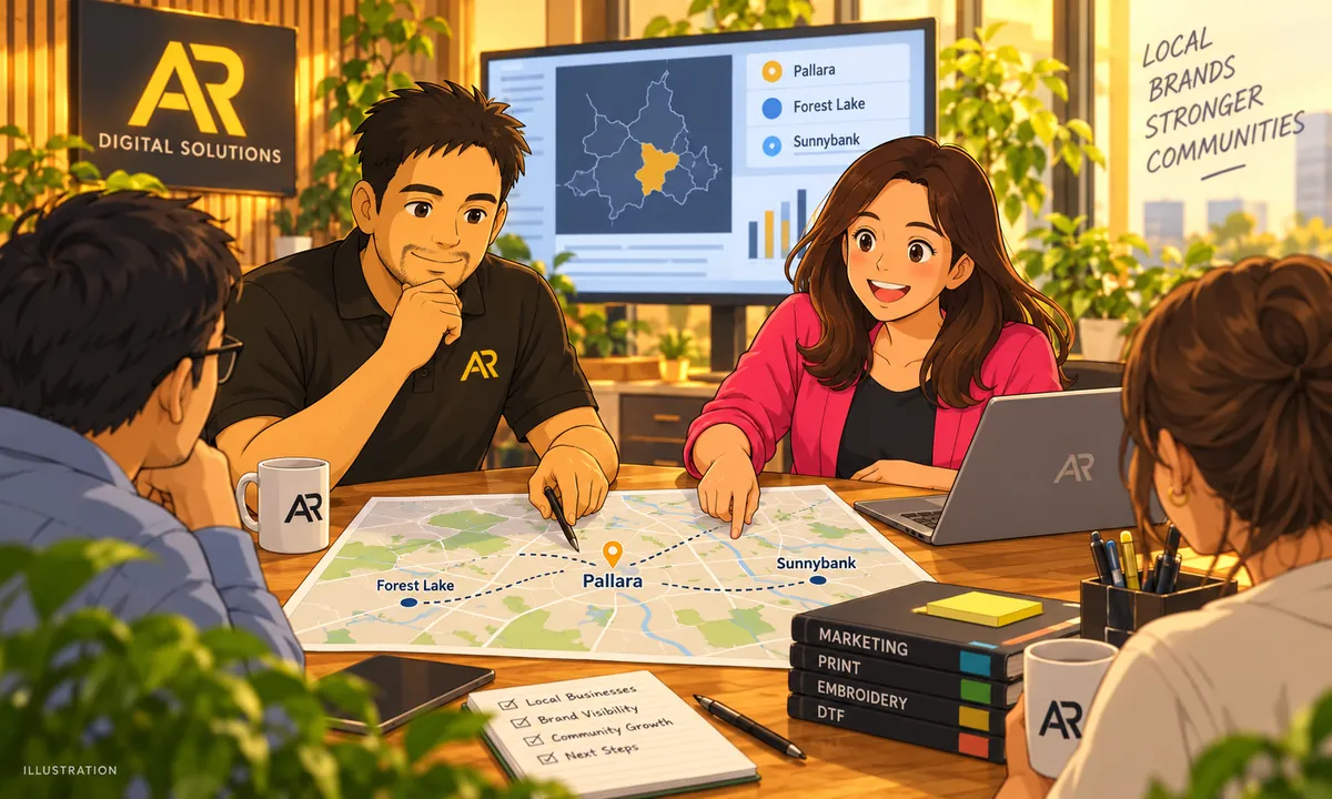 Illustration of Amann Jhamb reviewing a schematic of Brisbane southside suburbs with the AR Digital Solutions team.