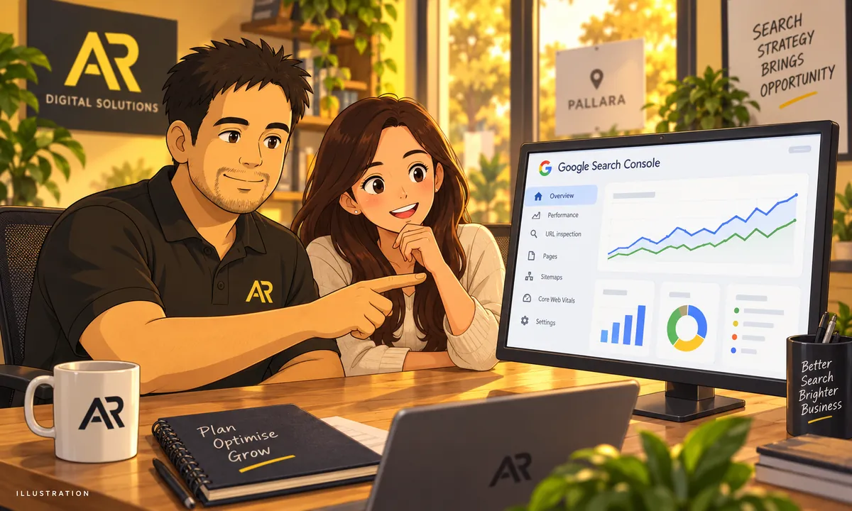 Illustration of Amann Jhamb and the AR Digital Solutions team reviewing a conceptual search report at a desk.