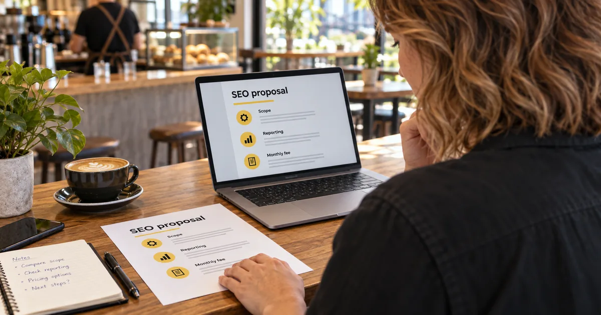 Brisbane business owner comparing two SEO proposals on a laptop