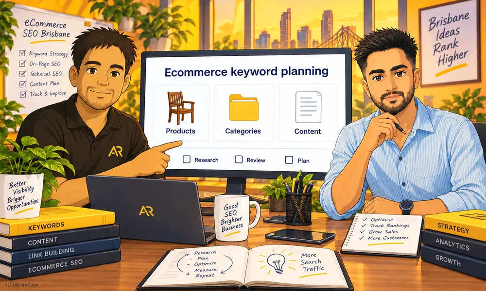 Ghibli-inspired illustration of Amann Jhamb and Abhijeet Pathania from AR Digital Solutions discussing conceptual ecommerce keyword tracking.